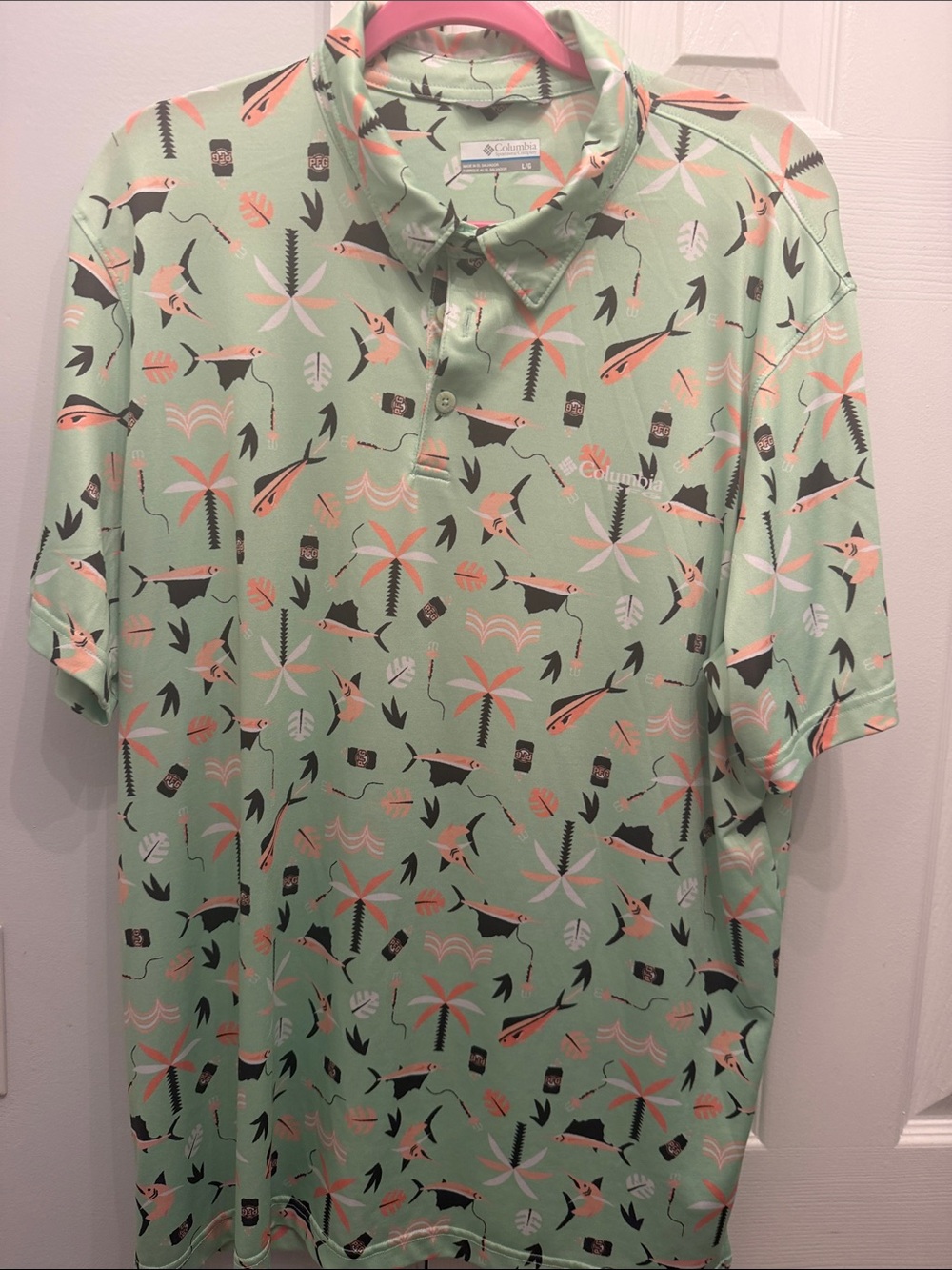 Columbia Mint Green Tropical Fish Print Polo
